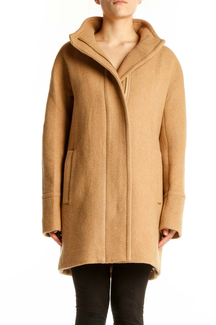 Front view of J.Crew camel wool-blend cocoon coat on model