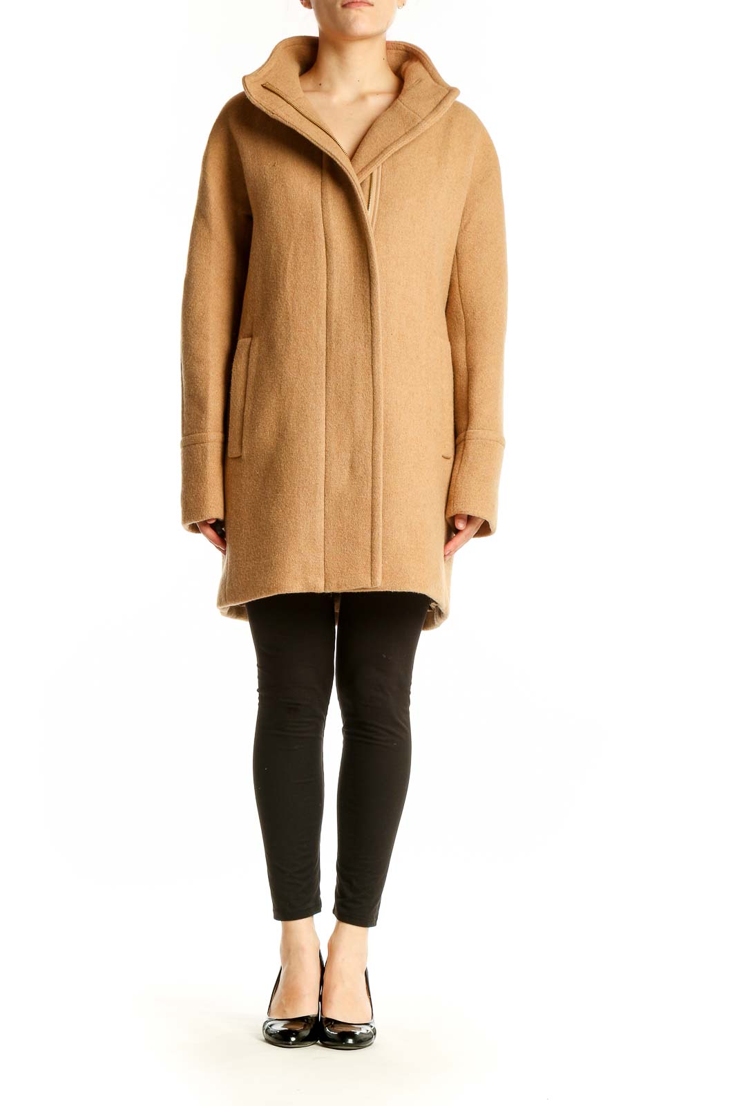 Front view of J.Crew camel wool-blend cocoon coat on model