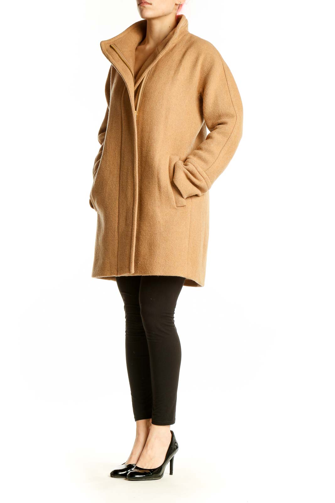 Front view of J.Crew camel wool-blend cocoon coat on model