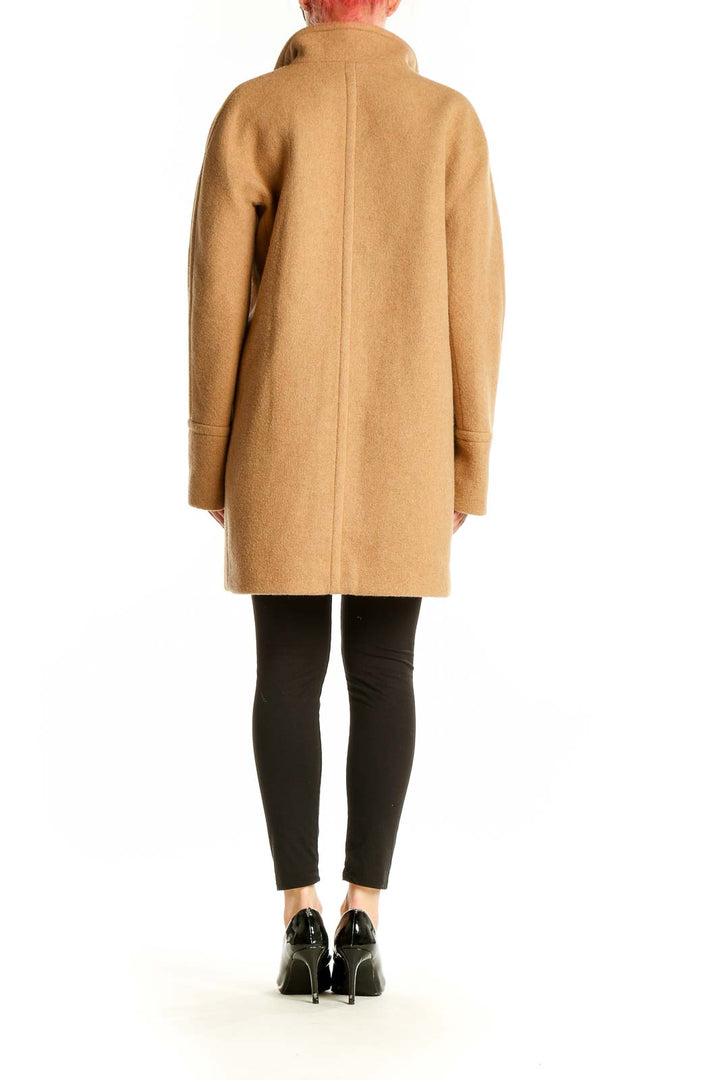 Side view of J.Crew camel wool-blend cocoon coat on model