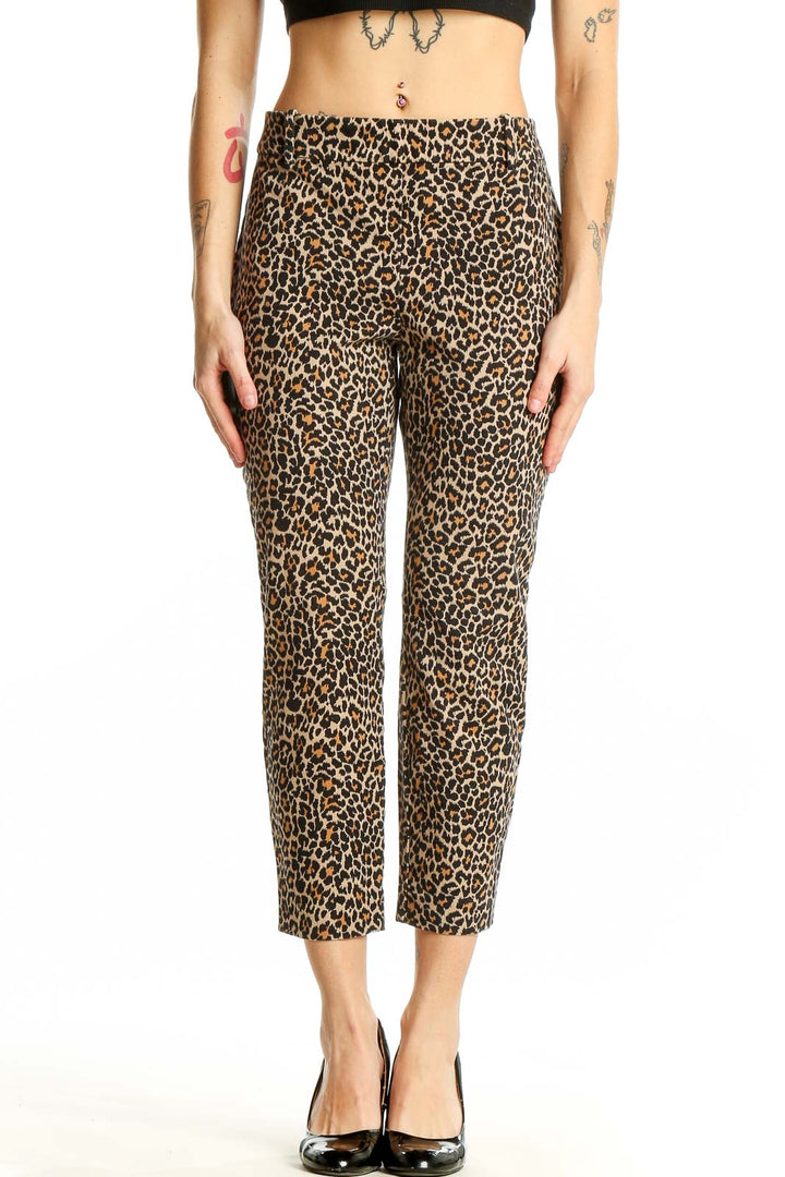 Front view of J.Crew leopard print cropped pants on model