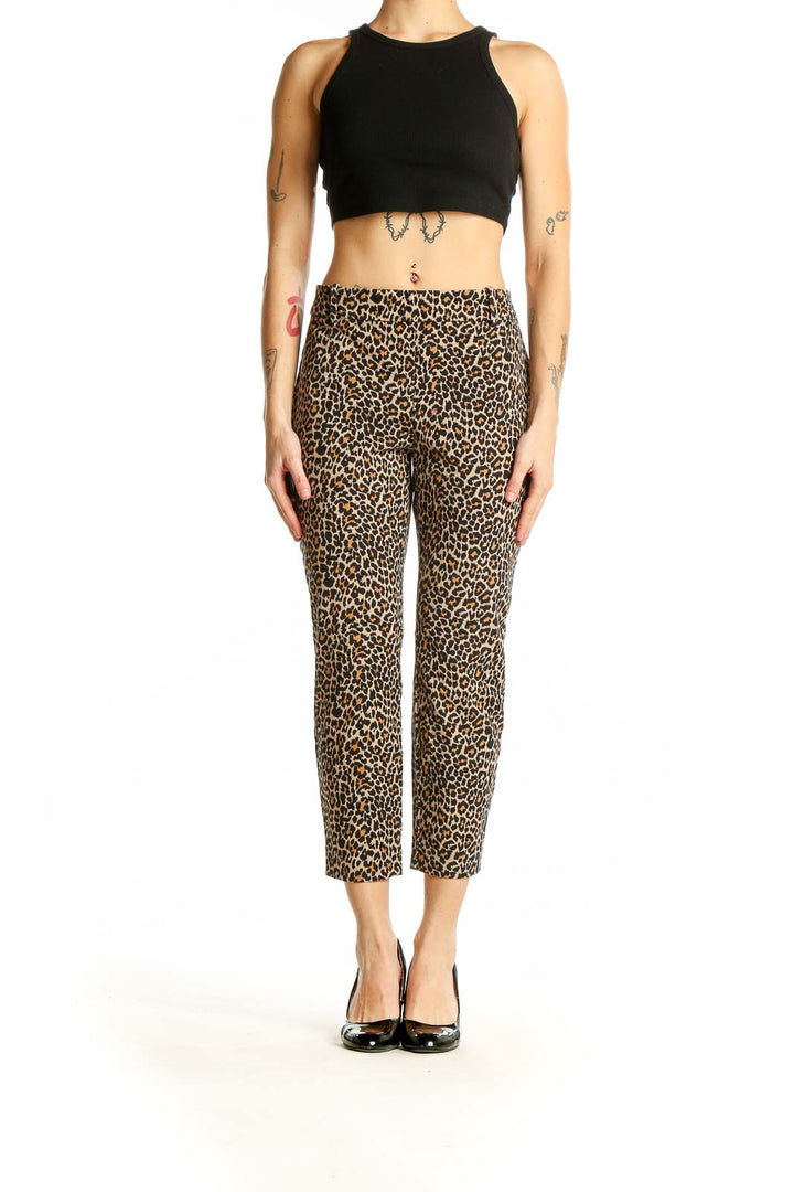 Front view of J.Crew leopard print cropped pants on model