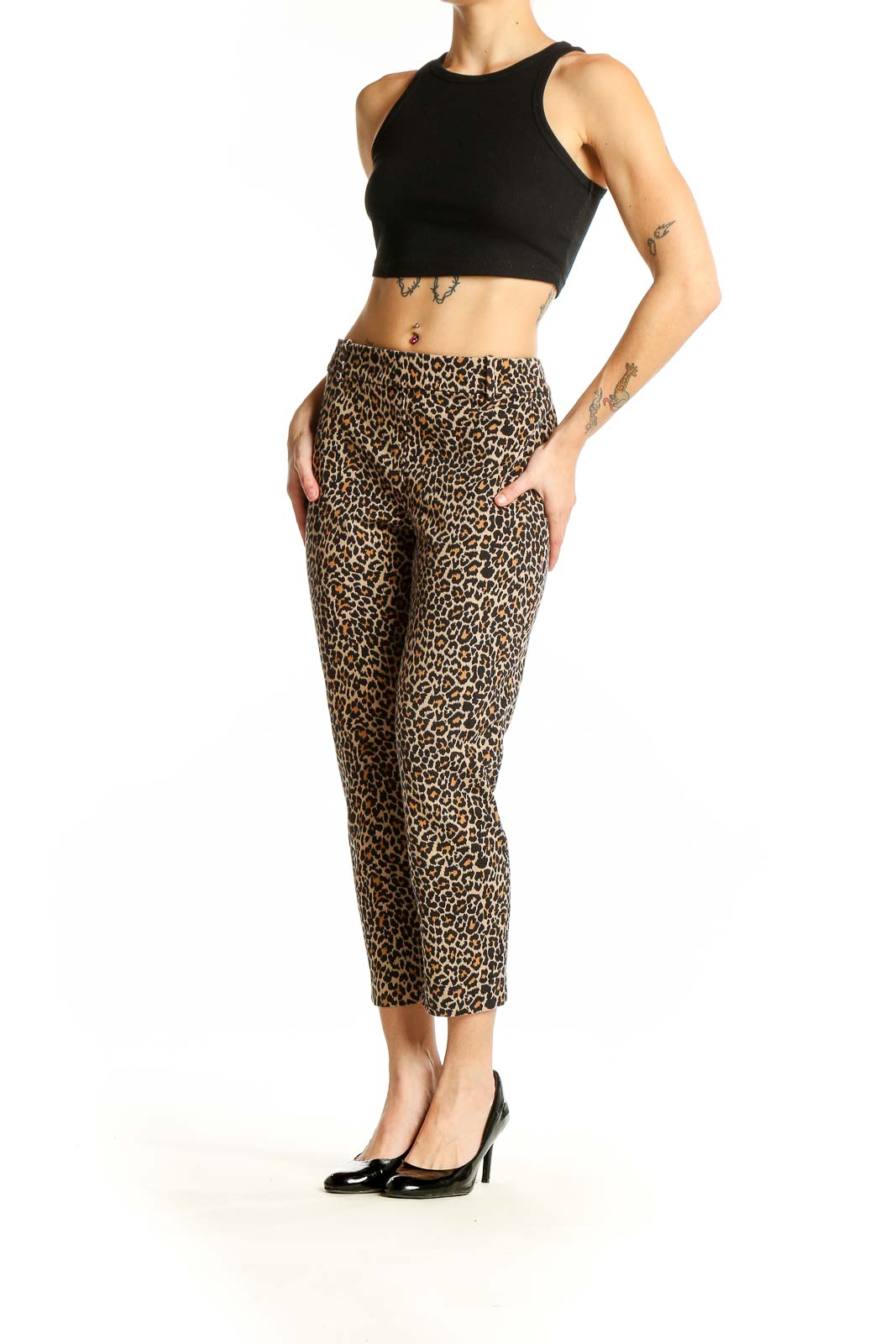 Front view of J.Crew leopard print cropped pants on model