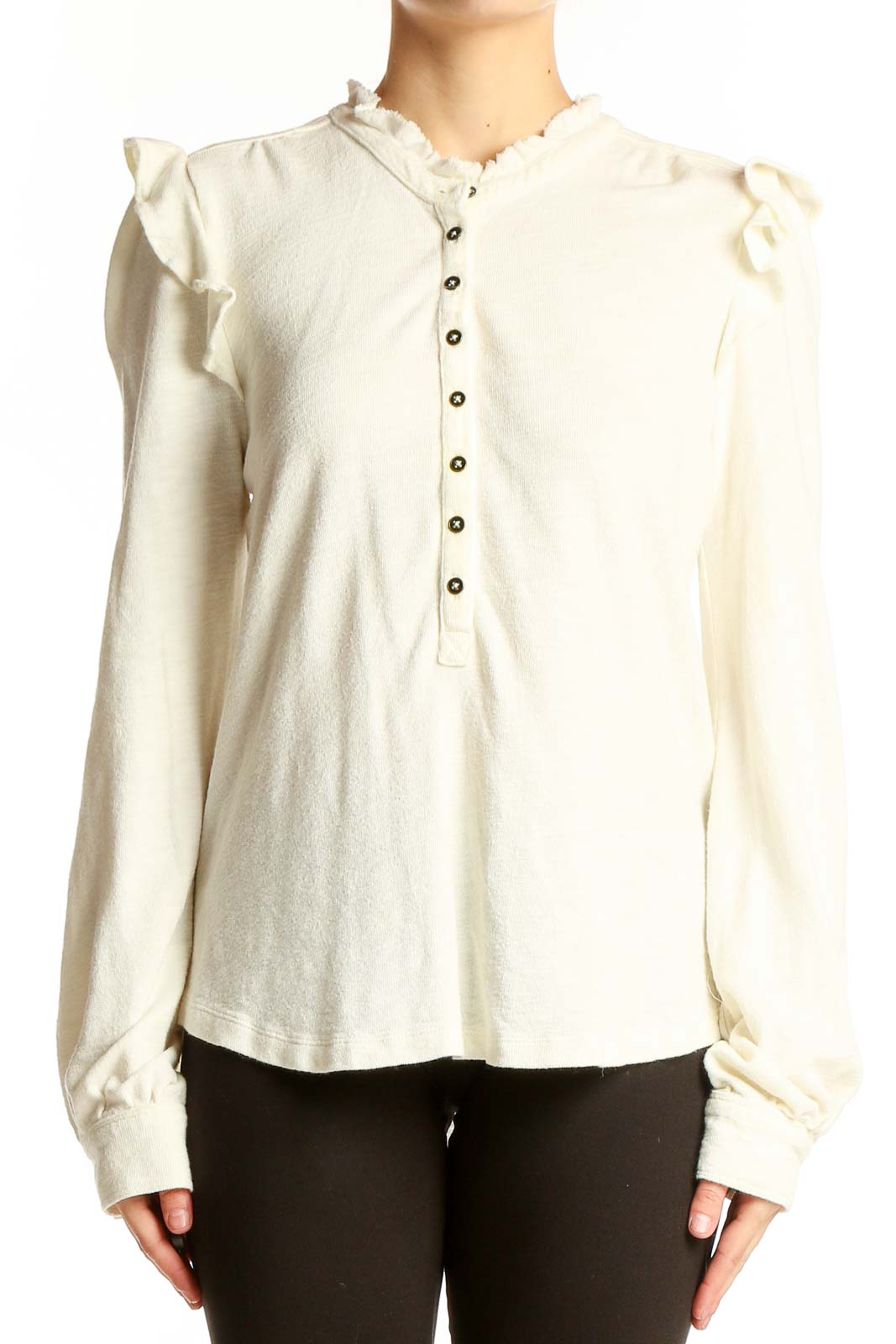 Front view of ivory Pilcro knit top with ruffled shoulders and henley neckline