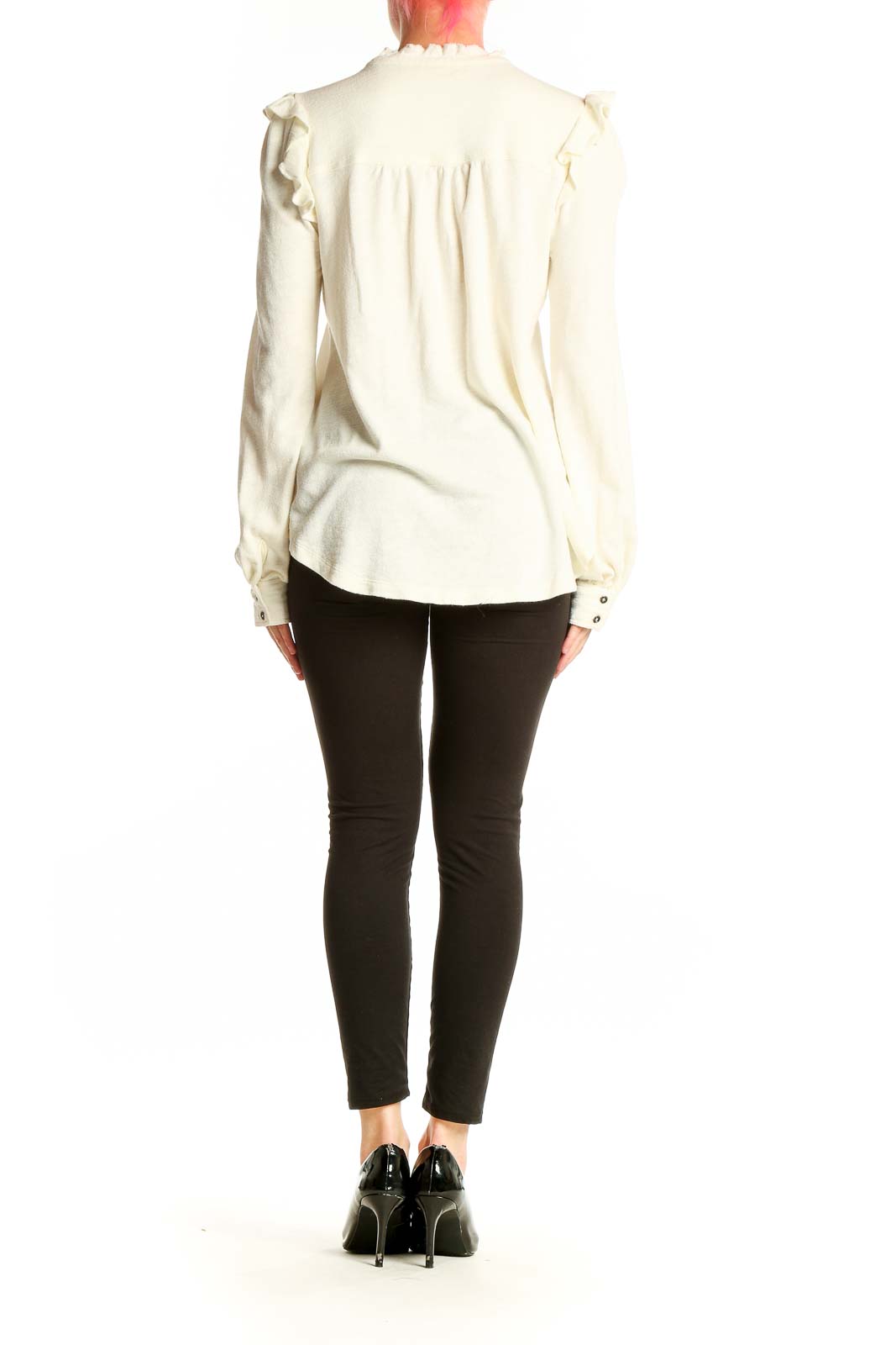 Back view of ivory Pilcro knit top showing relaxed fit and long sleeves