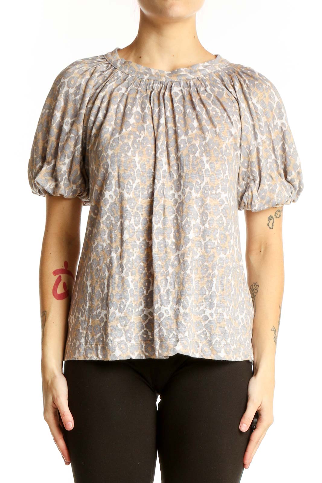 Front view of Maeve beige floral linen top with puff sleeves