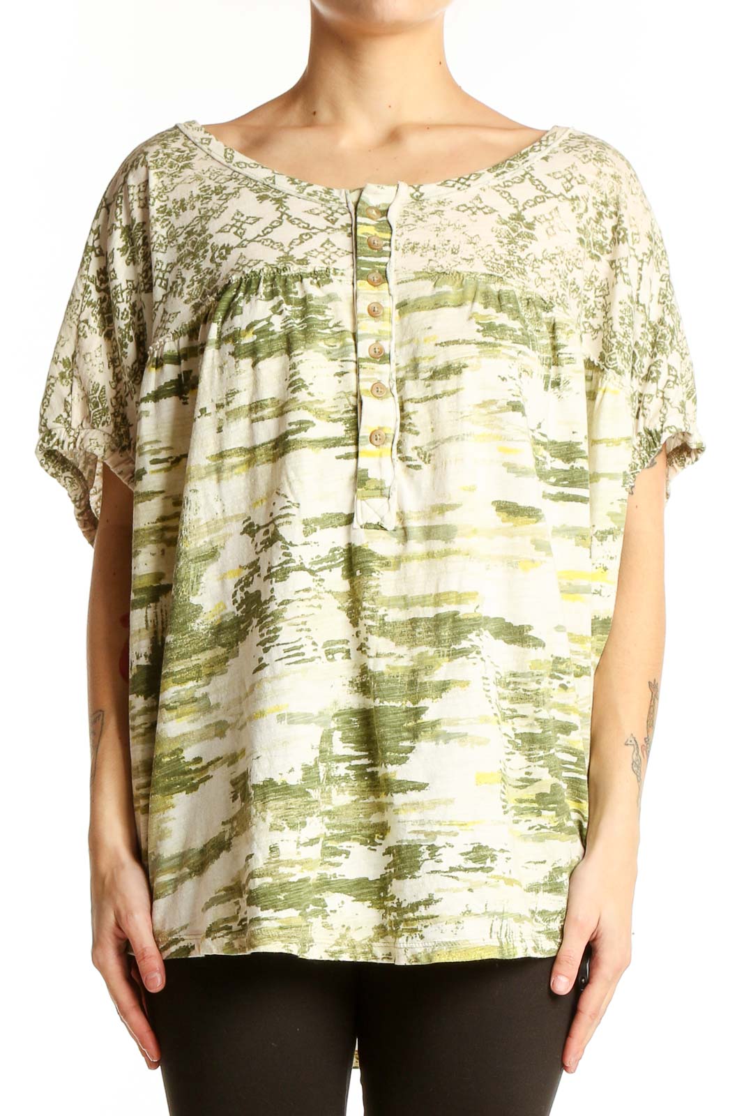 Front view of green abstract print Pilcro cotton top with button-up placket