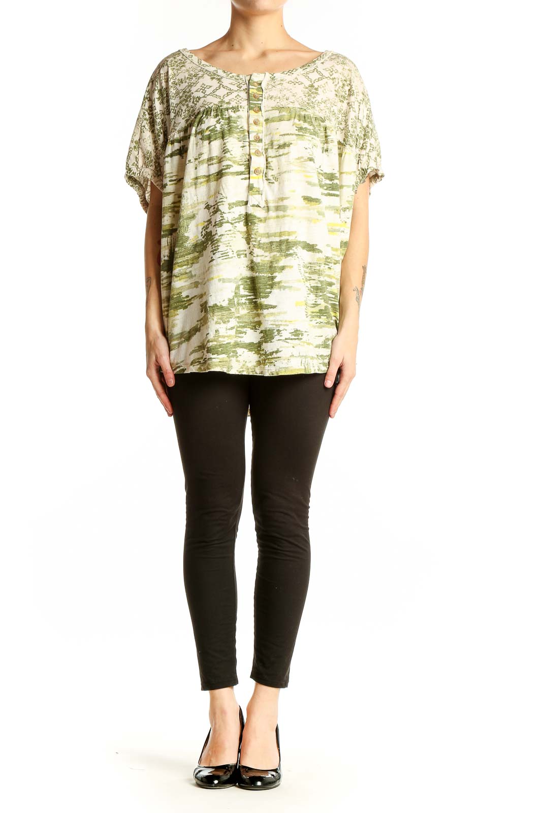 Front view of green abstract print Pilcro cotton top with button-up placket