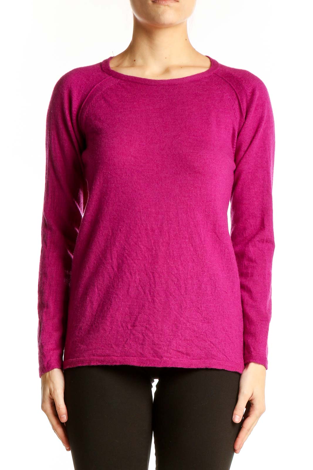 Front view of Eileen Fisher fuchsia Merino wool sweater