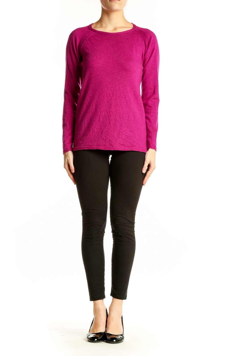 Front view of Eileen Fisher fuchsia Merino wool sweater