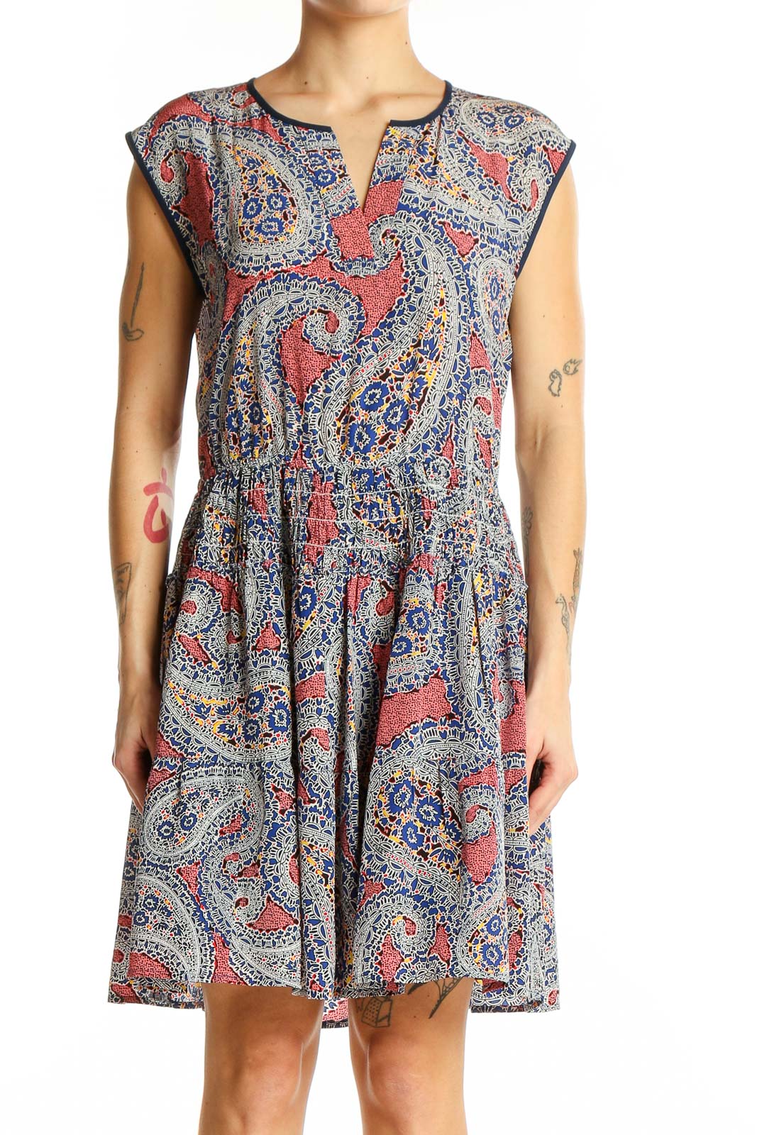 Front view of J.Crew coral paisley print sleeveless dress with V-neckline