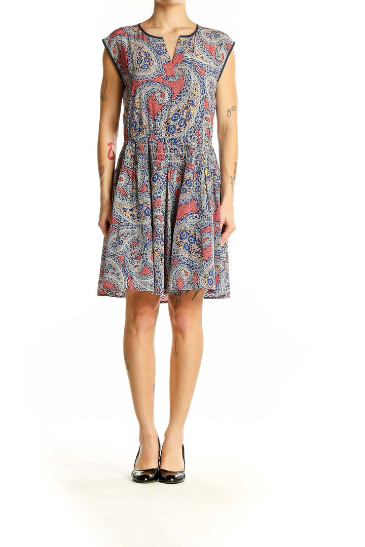 Front view of J.Crew coral paisley print sleeveless dress with V-neckline