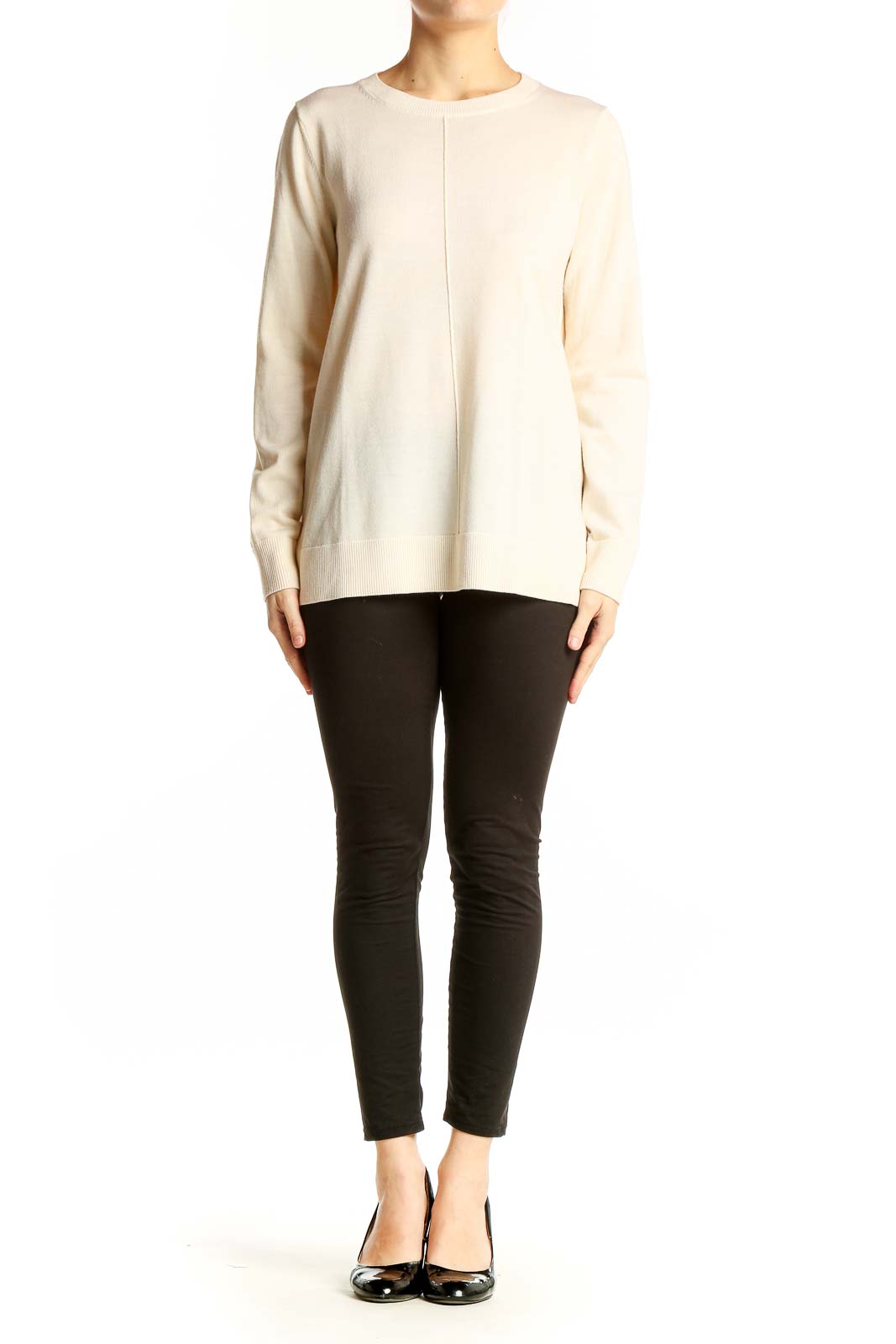 Front view of cream Merino wool crewneck sweater from Banana Republic