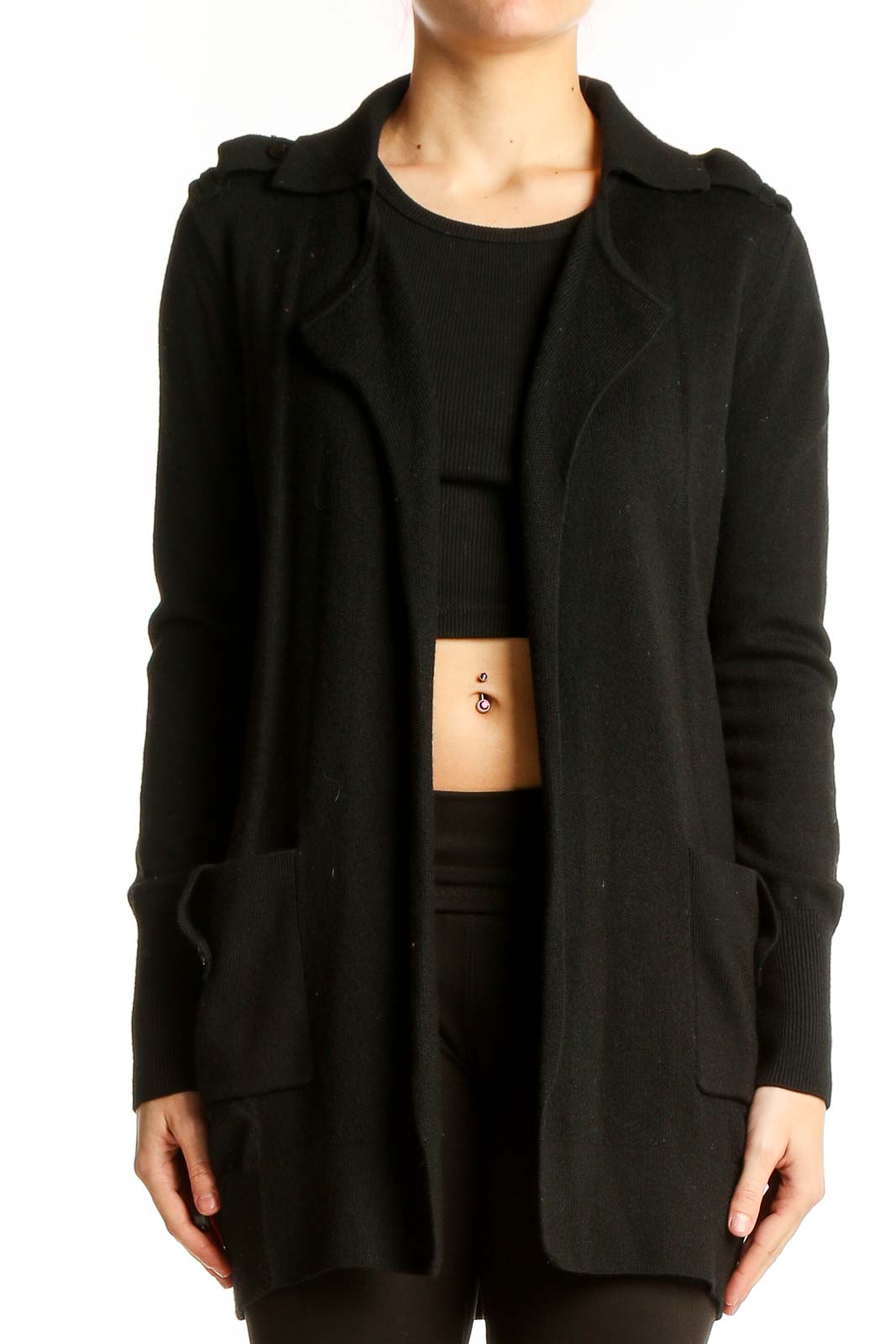 Front view of Banana Republic black Merino wool long cardigan