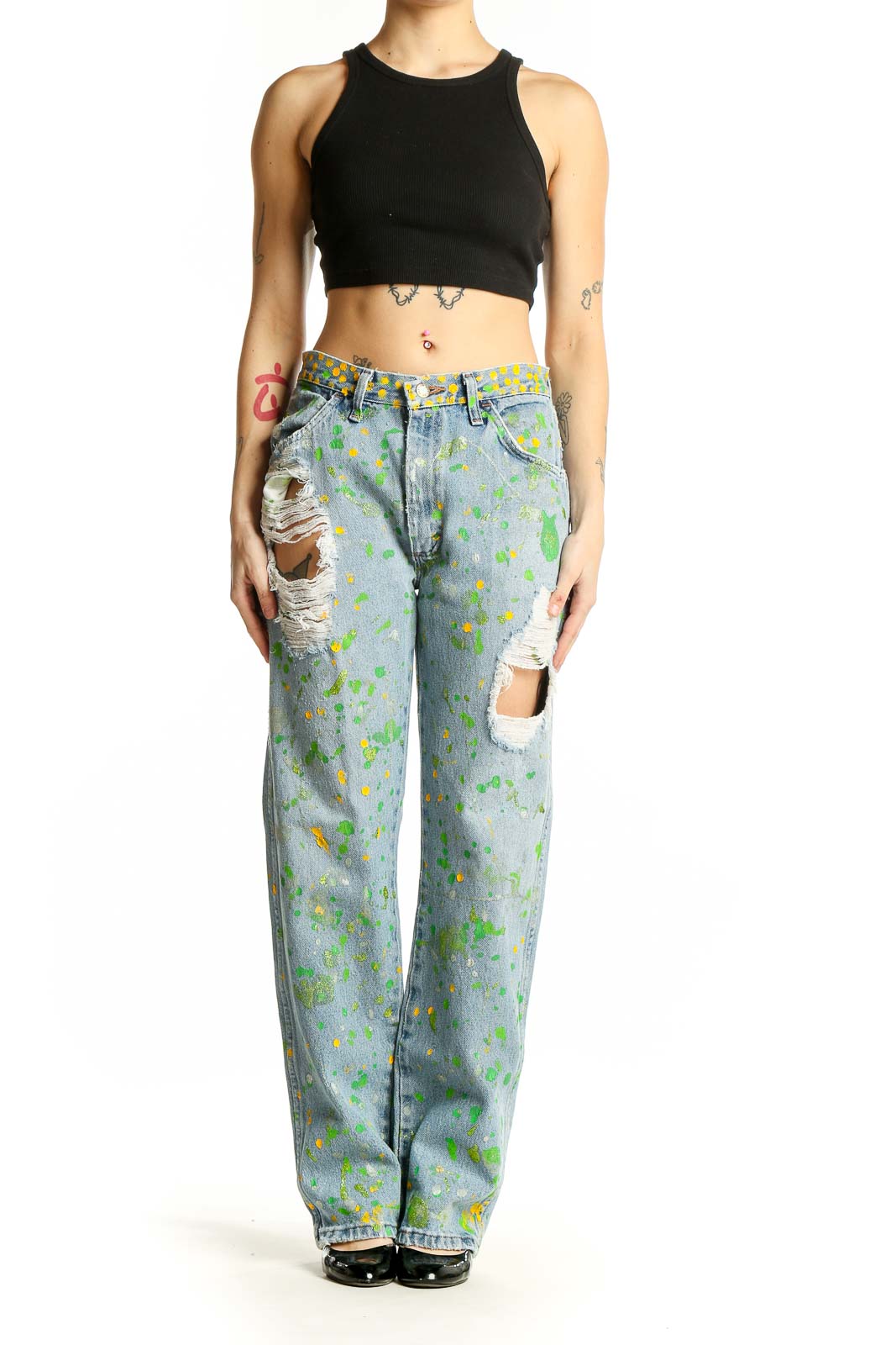 Jacinta Bunnell Light Blue Splatter Paint Distressed Jeans