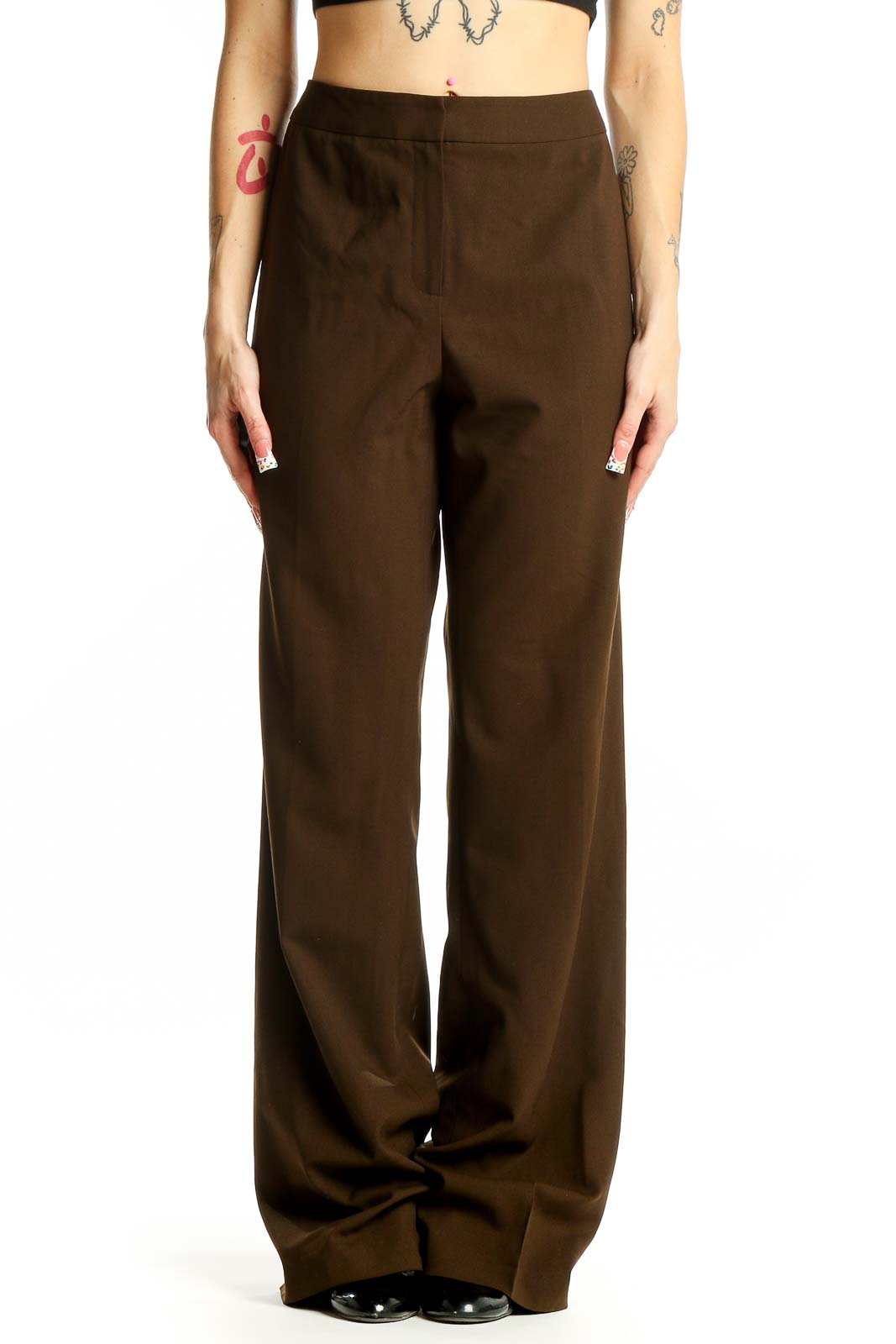 Front view of brown wide-leg trousers by Lafayette 148 New York