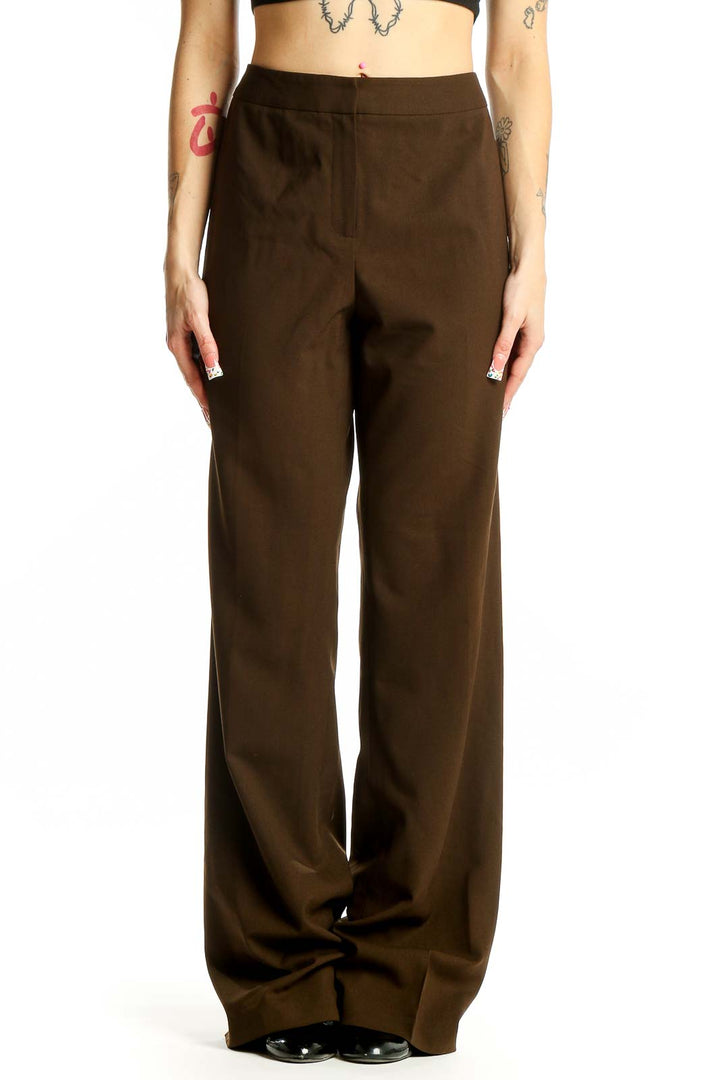 Front view of brown wide-leg trousers by Lafayette 148 New York