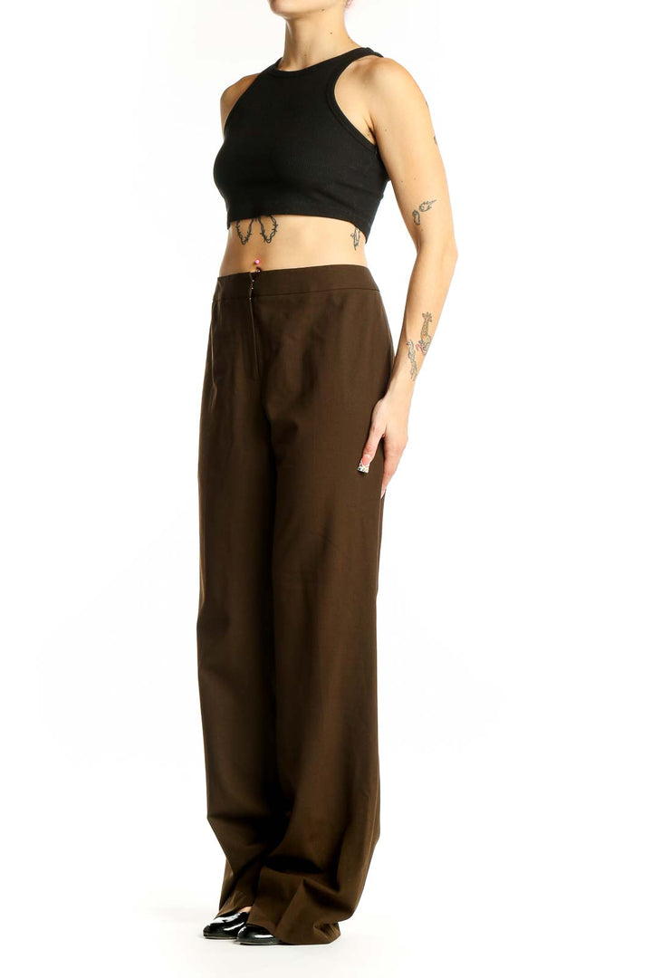 Front view of brown wide-leg trousers by Lafayette 148 New York