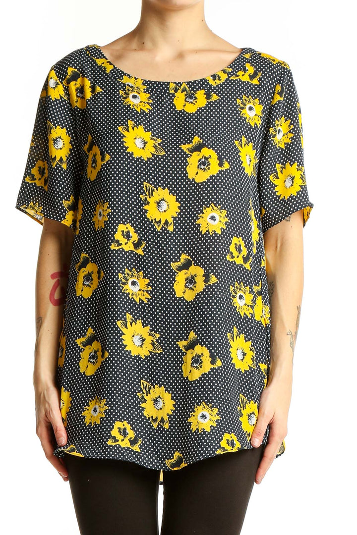Front view of yellow floral polka dot blouse from Banana Republic