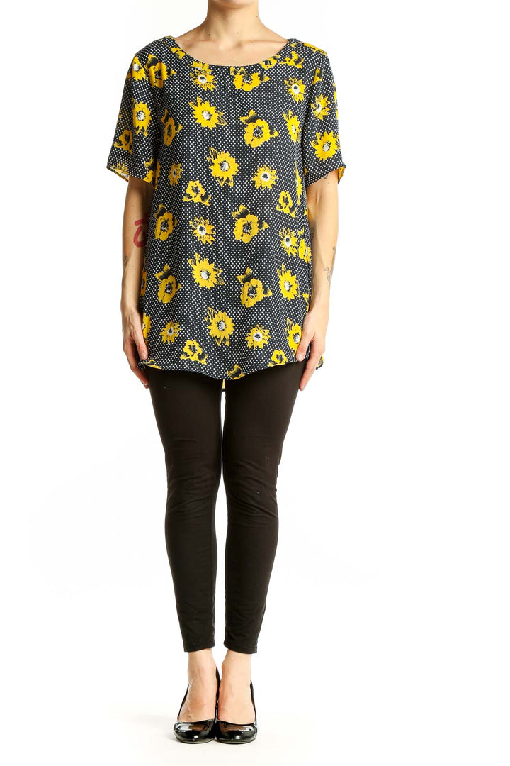 Front view of yellow floral polka dot blouse from Banana Republic