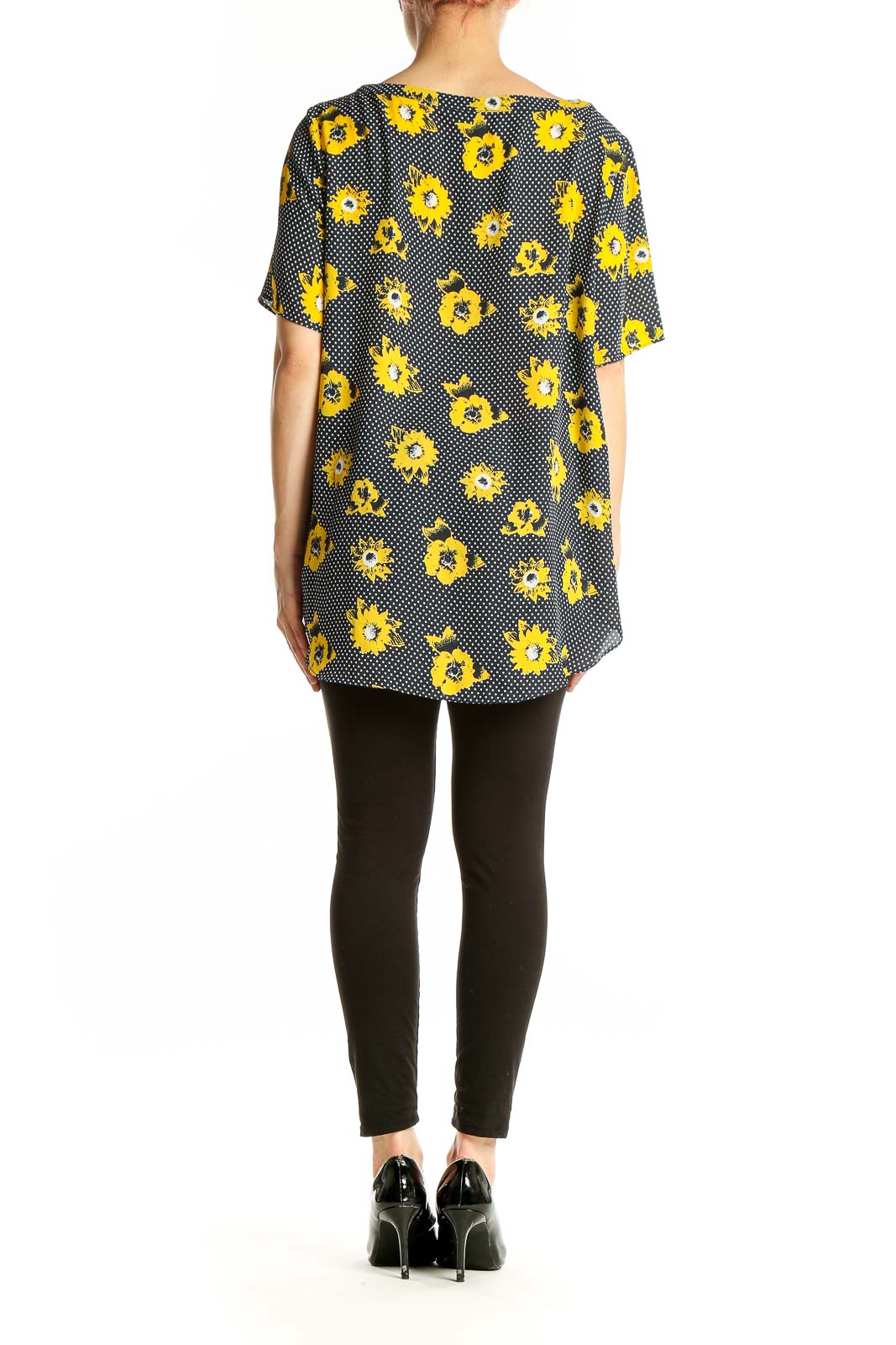 Back view of yellow floral polka dot blouse from Banana Republic