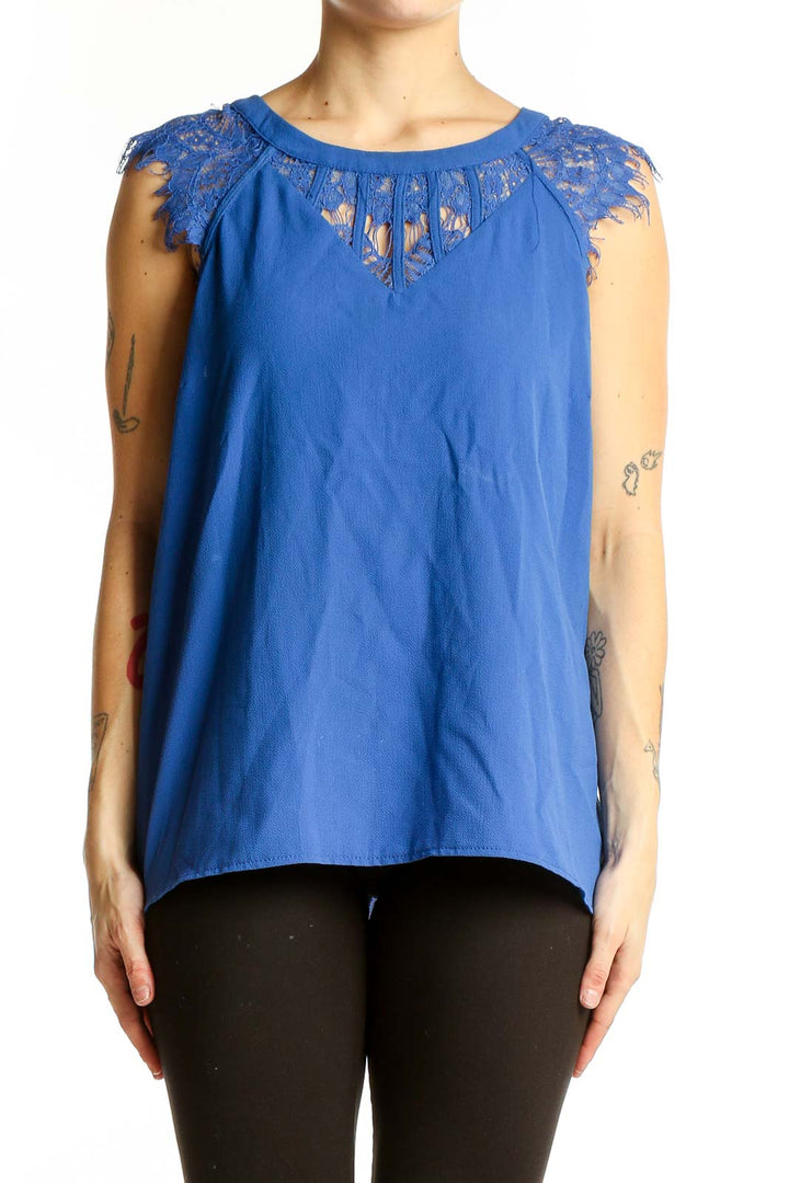 Front view of Brixon Ivy blue sleeveless blouse with lace trim