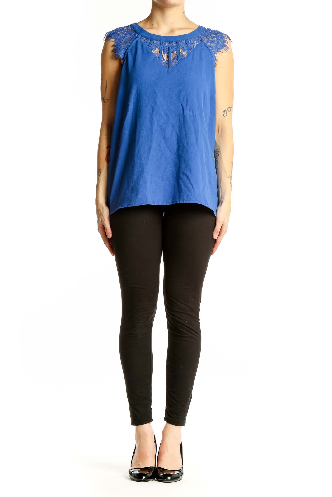 Front view of Brixon Ivy blue sleeveless blouse with lace trim