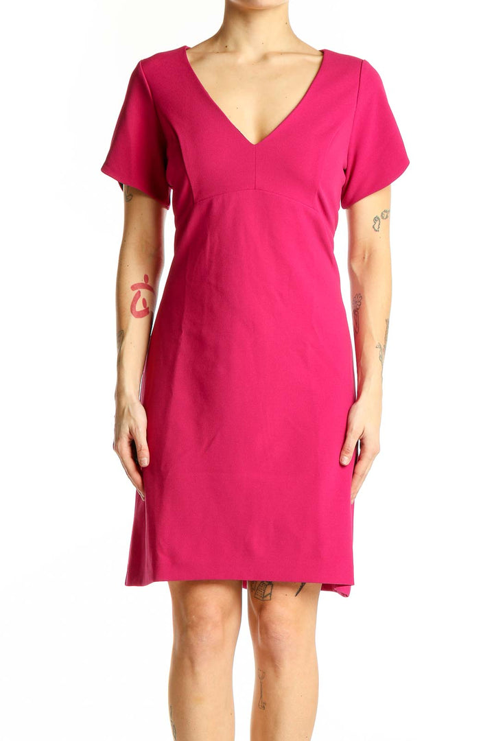 Front view of hot pink Betsey Johnson V-neck short sleeve dress