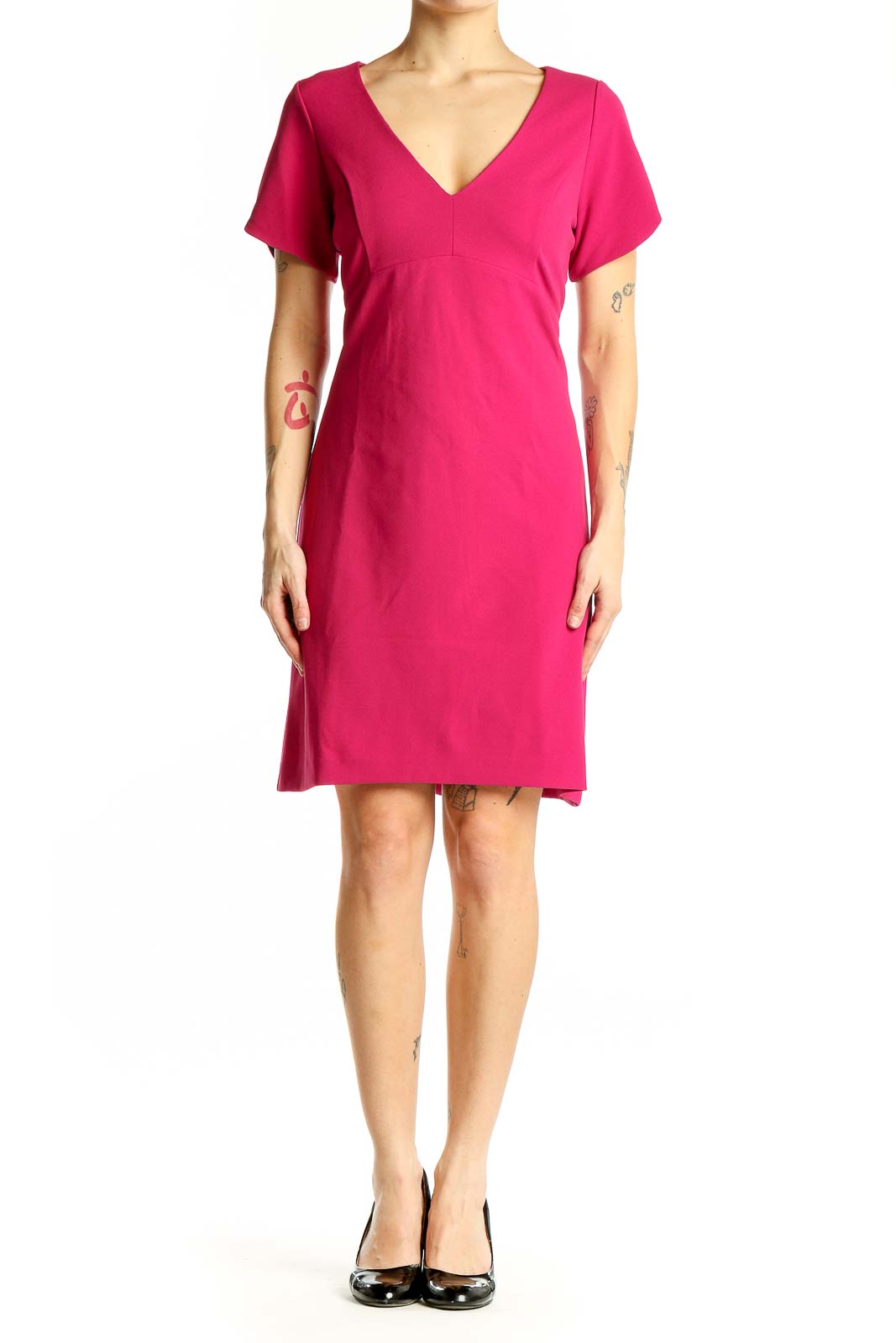 Front view of hot pink Betsey Johnson V-neck short sleeve dress