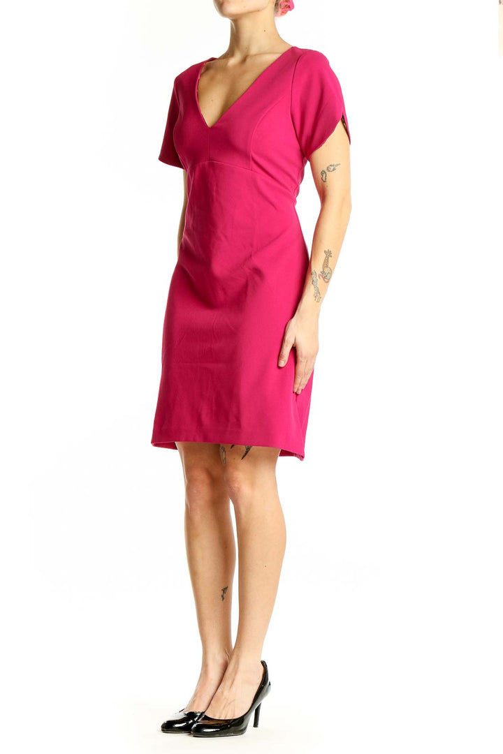 Front view of hot pink Betsey Johnson V-neck short sleeve dress