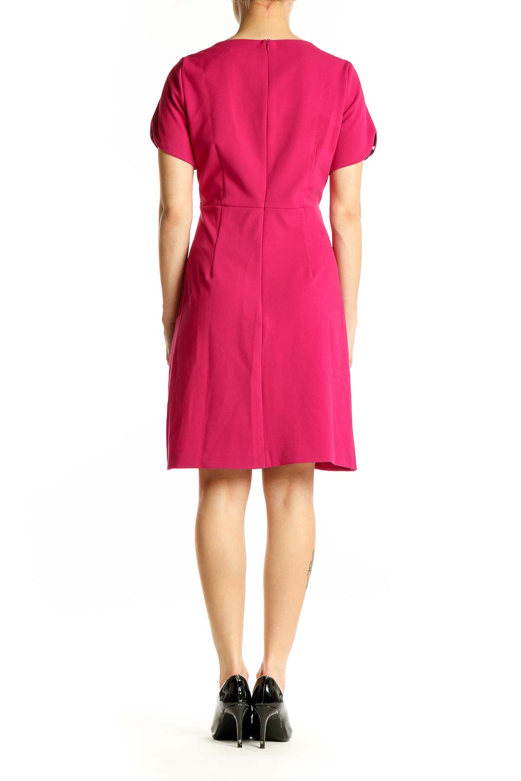 Back view of hot pink Betsey Johnson V-neck short sleeve dress
