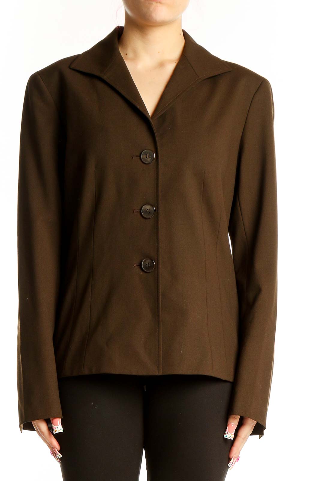 Front view of Lafayette 148 New York brown wool blend blazer with three-button closure