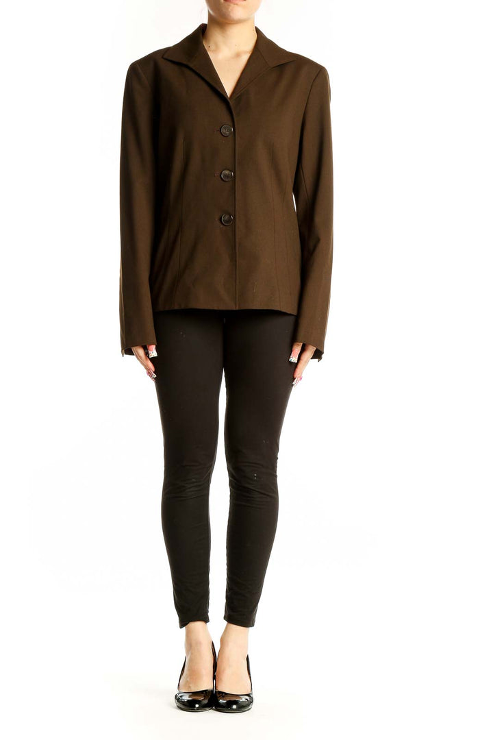 Front view of Lafayette 148 New York brown wool blend blazer with three-button closure