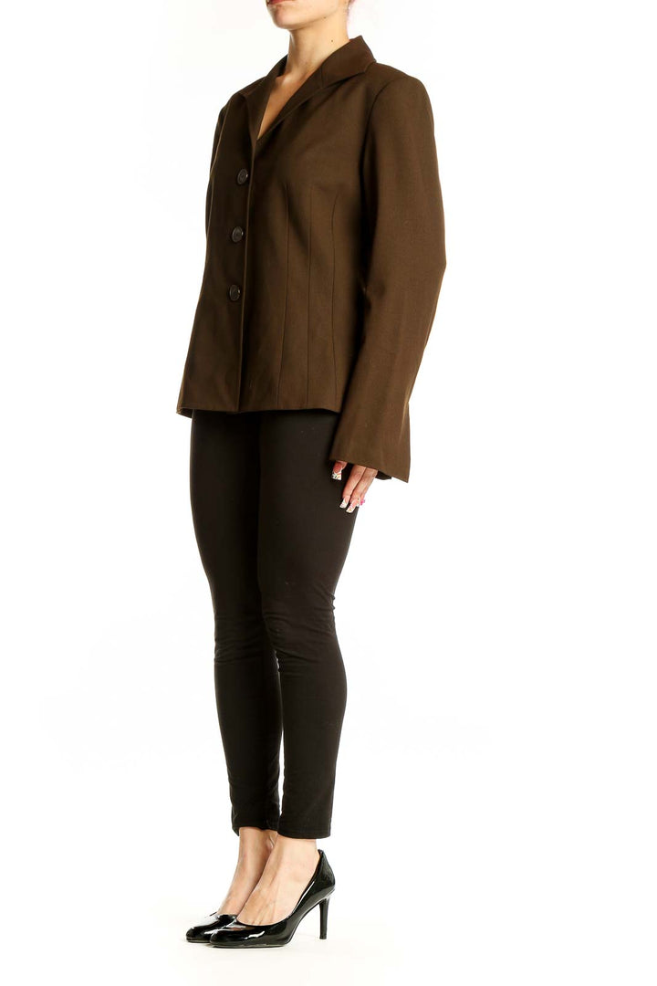 Front view of Lafayette 148 New York brown wool blend blazer with three-button closure