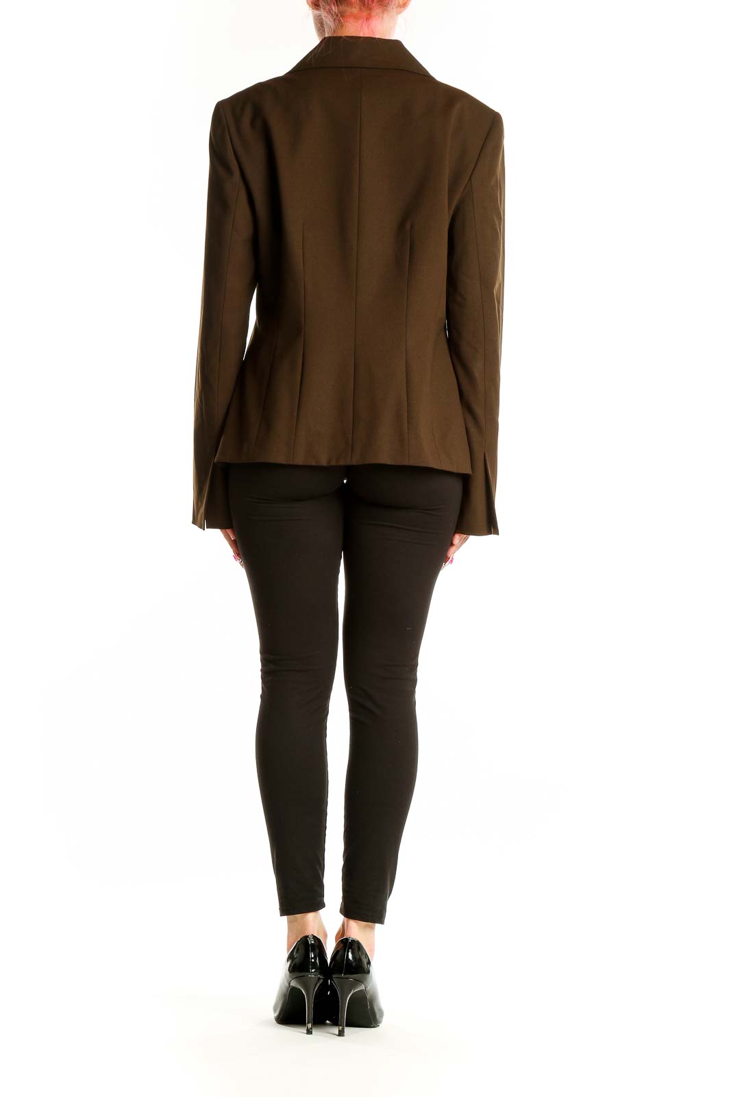 Side view of Lafayette 148 New York brown wool blend blazer on model