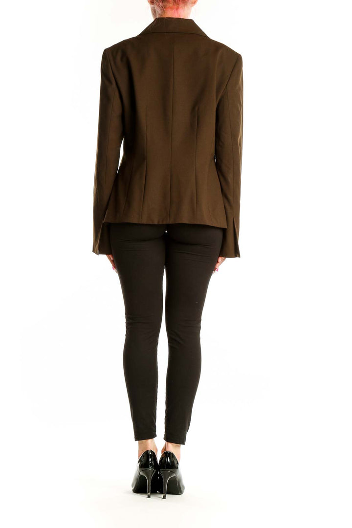 Side view of Lafayette 148 New York brown wool blend blazer on model