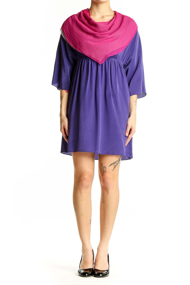 Front view of Amanda Uprichard purple silk mini dress with fuchsia scarf