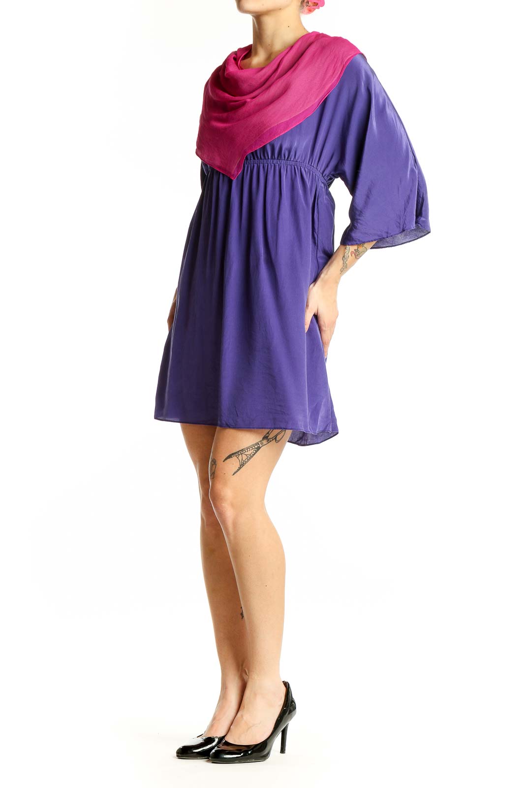 Front view of Amanda Uprichard purple silk mini dress with fuchsia scarf