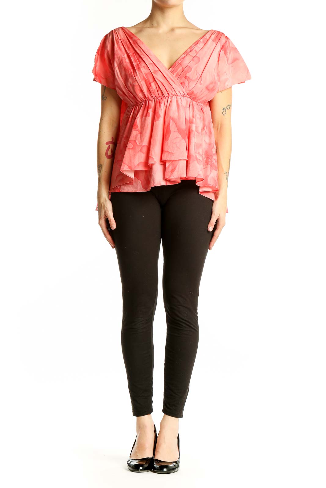 Front view of THAKOON coral floral peplum blouse with V-neck wrap
