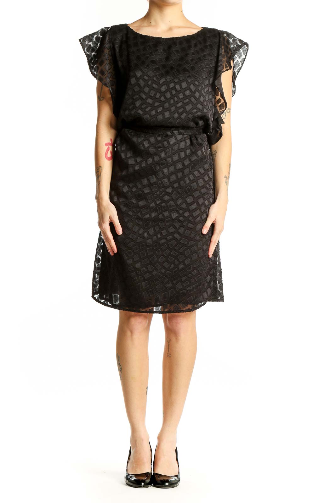 Front view of Michael Kors black geometric lace cocktail dress with flutter sleeves