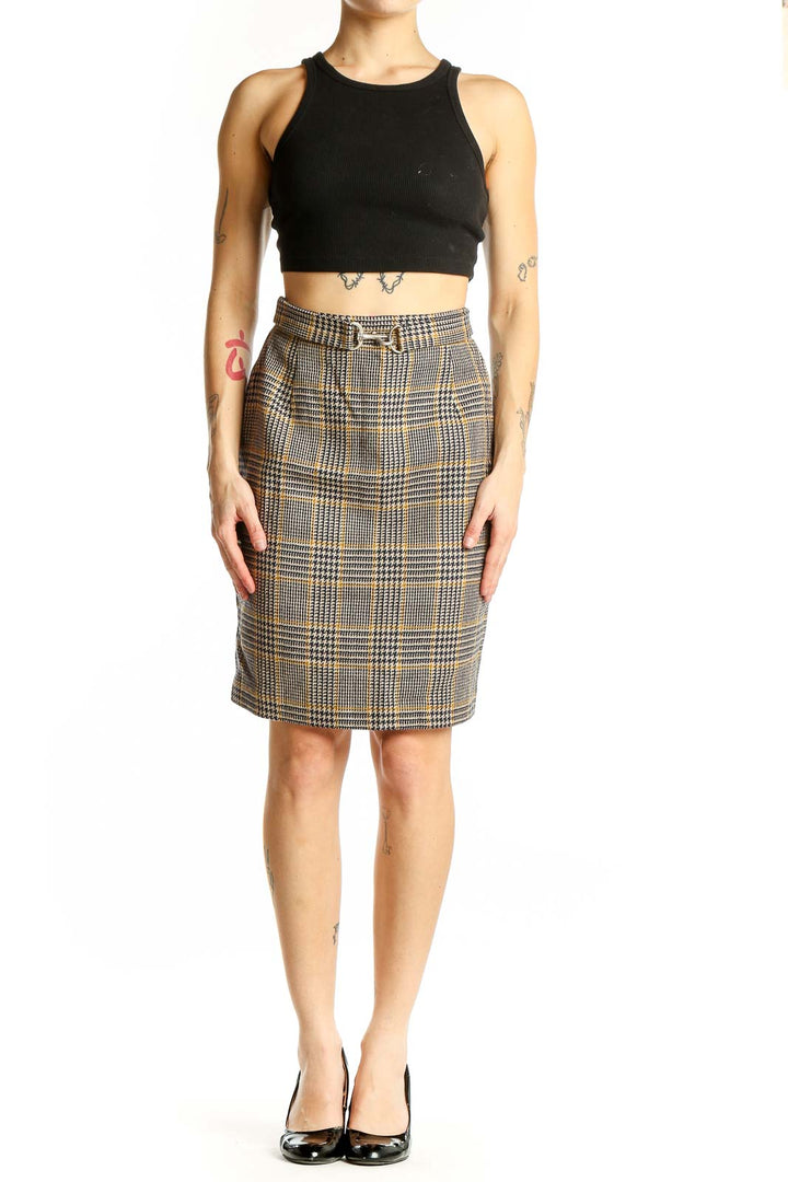Front view of Banana Republic brown plaid wool pencil skirt with gold buckle belt