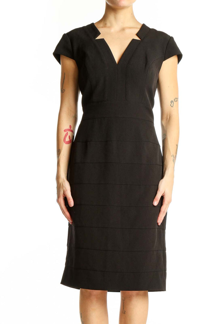 Front view of Adrianna Papell black cap sleeve sheath dress