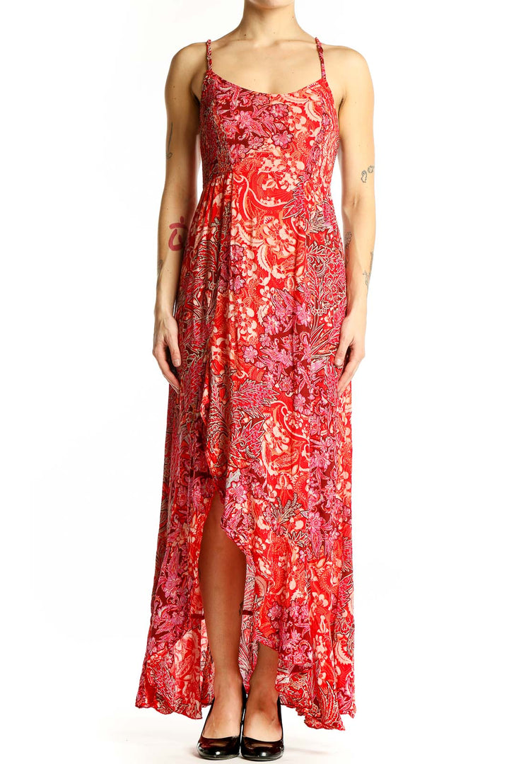 Front view of red floral maxi dress with sweetheart neckline