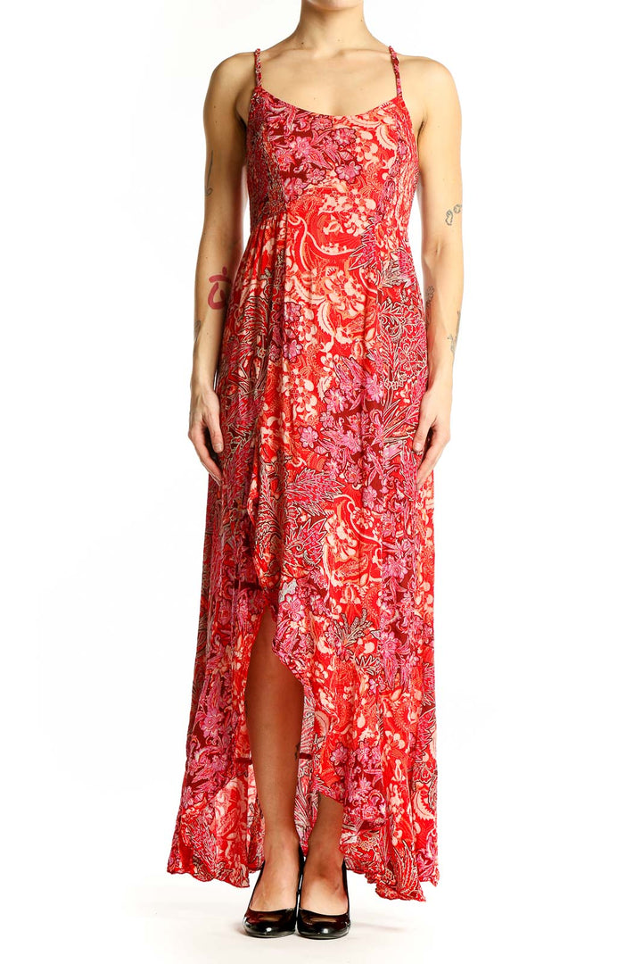 Front view of red floral maxi dress with sweetheart neckline