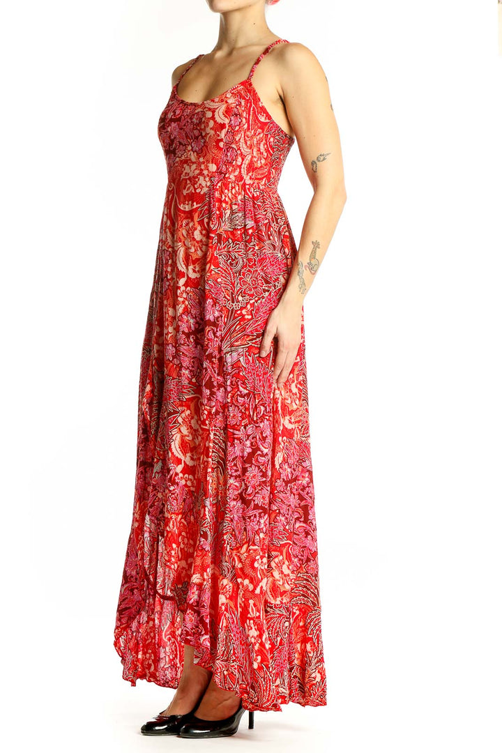 Front view of red floral maxi dress with sweetheart neckline