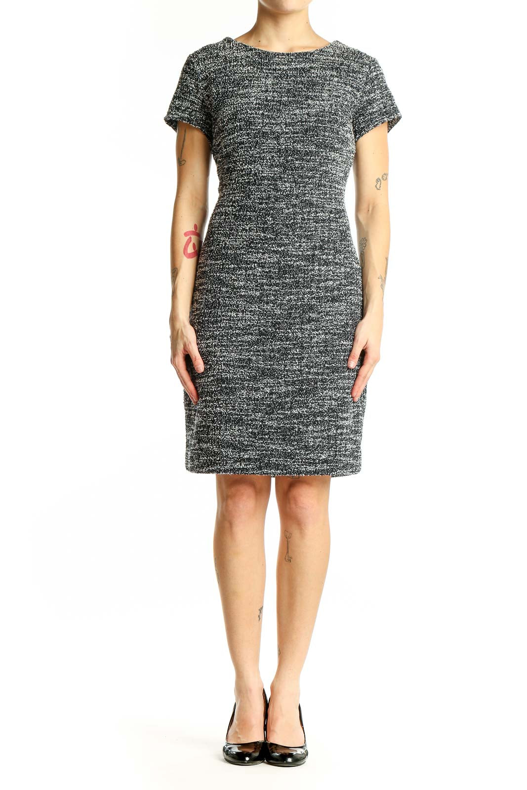 Front view of Banana Republic gray textured knit dress with short sleeves
