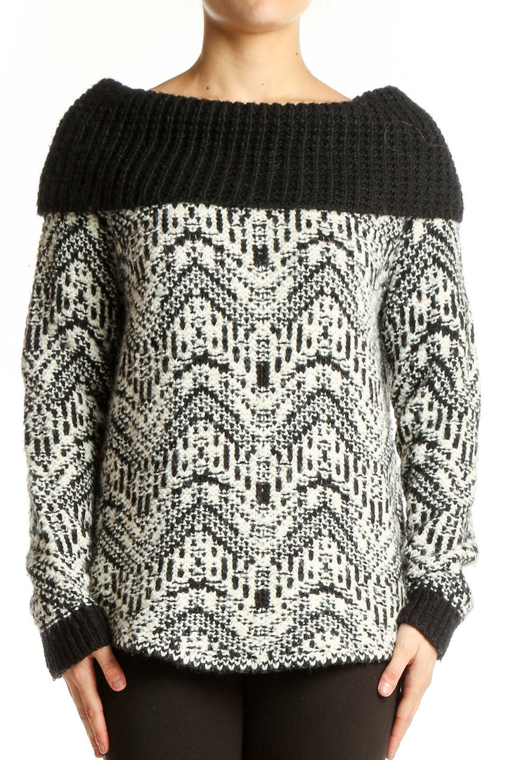 Front view of Abercrombie & Fitch black and white patterned cowl neck sweater