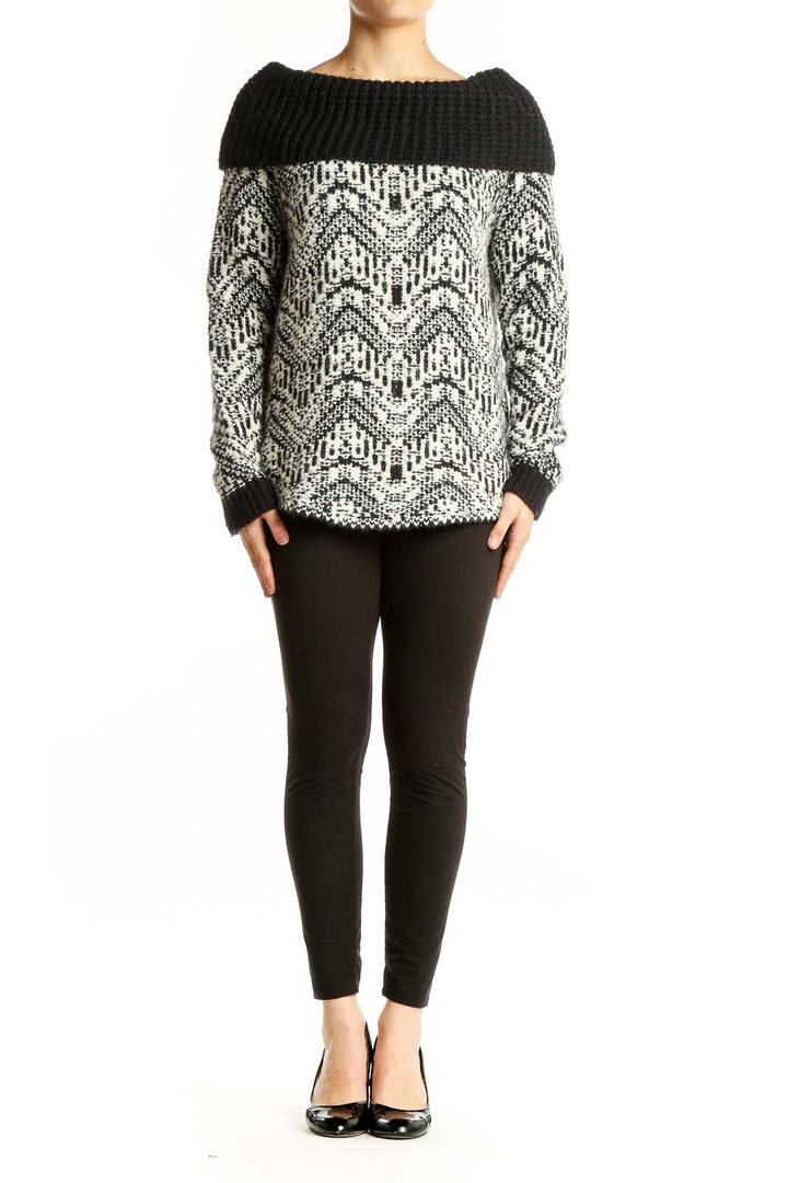 Front view of Abercrombie & Fitch black and white patterned cowl neck sweater