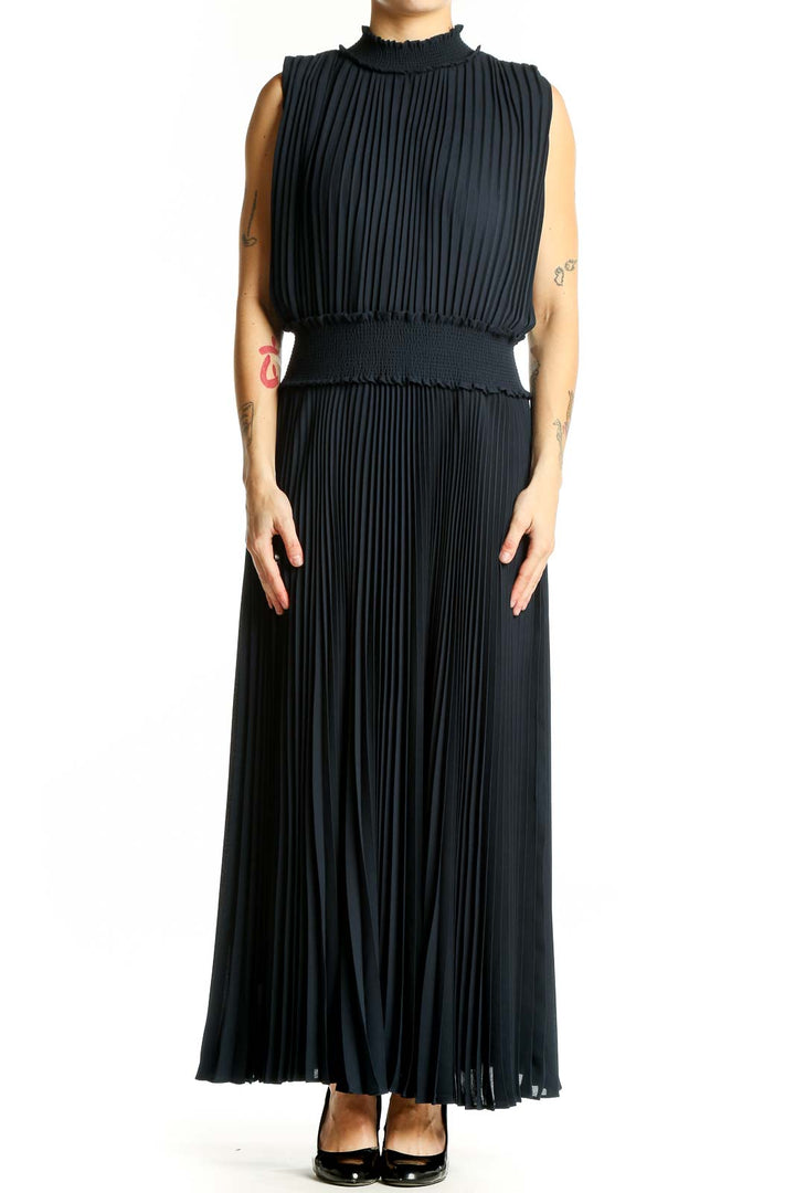 Front view of Nanette Lepore black pleated maxi dress with high neck
