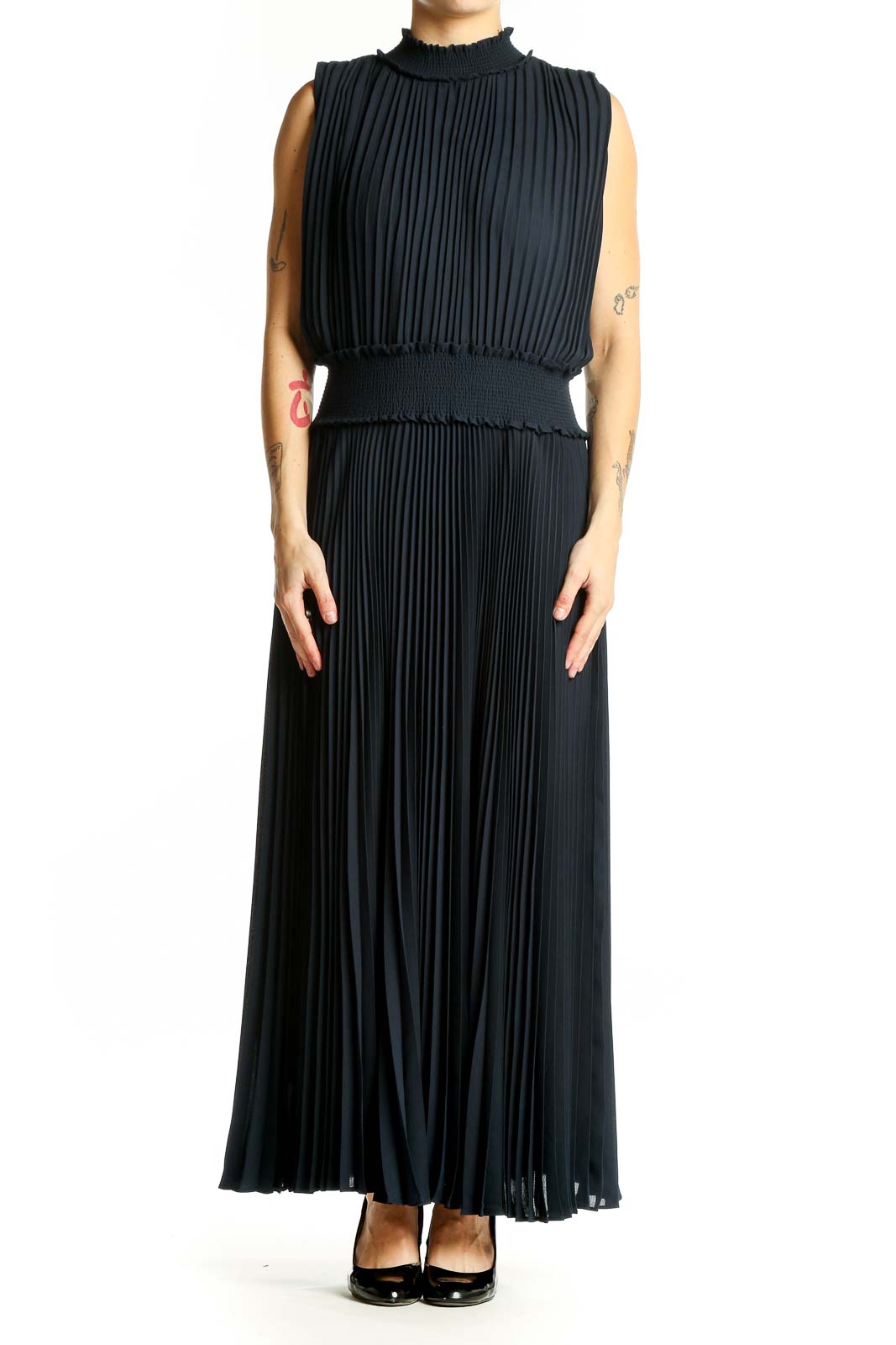 Front view of Nanette Lepore black pleated maxi dress with high neck